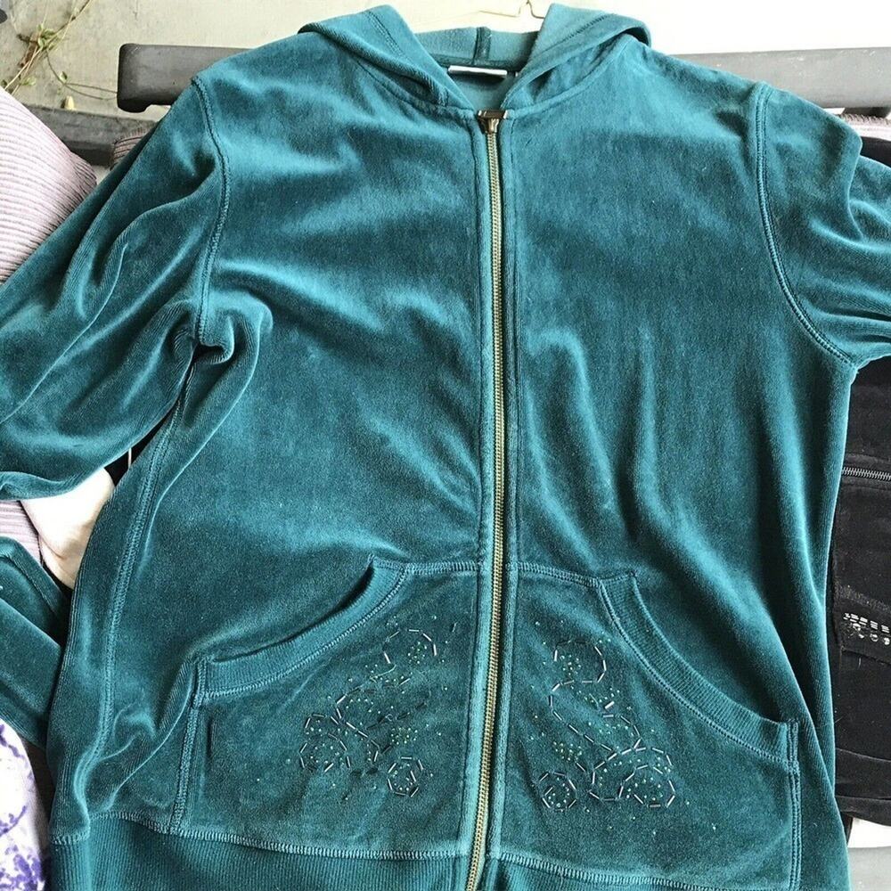 Spa by Chico's Velour Hoodie Teal Sz1 Sequined Design Front/Back Pockets Used